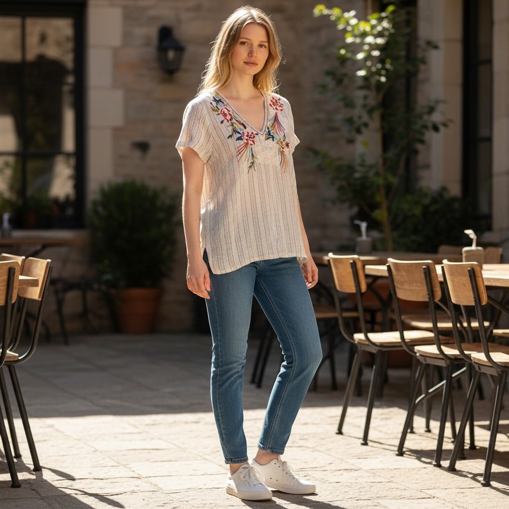 Solitaire Women Large Embroidered Bird Floral Striped V-Neck Blouse Top Boho